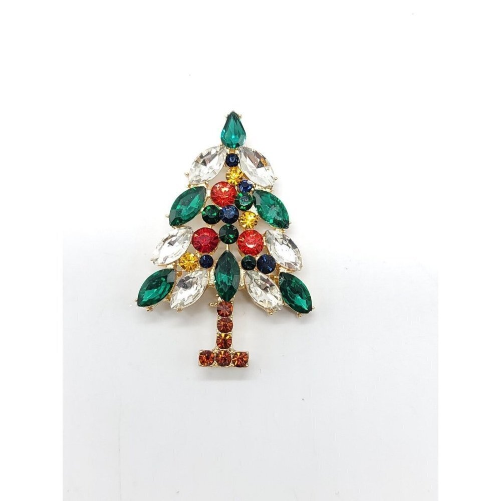 High Quality Signed Large Multi-Color Rhinestone Christmas Tree Brooch (C)